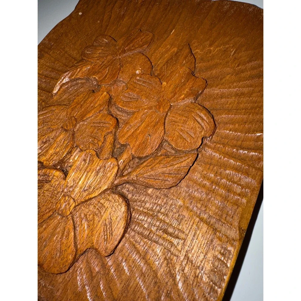 Hand Carved Wood Wall Art Floral Dogwood Plaque Ozarks Folk Art 10.5x7 Brown